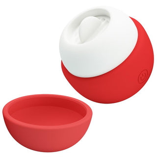 Röd och vit silikonstimulator med avtagbart lock, mot vit bakgrund.