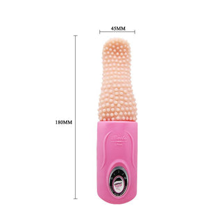 Rosa silikonvibrator med texturerad yta, kontrollknappar och fäst kula; mäter 180 mm lång och 45 mm bred.