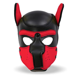 Pup Play Hundmask Neopren är en svart och röd mask med spetsiga öron och utskärningar för ögon, näsa och mun - perfekt för BDSM- eller valpleksscenarier.
