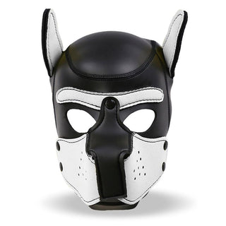 Intoyou Neoprene Hundmask är en svartvit helmask med spetsiga öron och munkorg, perfekt för valplek eller BDSM-aktiviteter.