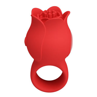 Rosformad fingervibrator i röd silikon med texturerad yta, visad framifrån mot vit bakgrund.