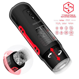 Den eleganta IntoYou Thrusting Masturbatorn i Pyro Edition har drivande och roterande lägen med en innovativ turbofunktion, framhävd av svarta och röda accenter. Dess genomskinliga interiör förstärker den visuella dragningskraften för en uppslukande upplevelse.