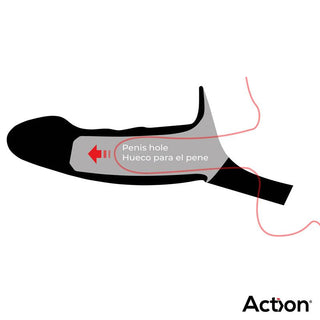 Illustration av en kondom med "penishål" märkt på engelska och spanska (Hueco para el pene), markerad med en röd pil, idealisk för Action Strap-On Hollow Dildo L-användare. Varumärket "Action" finns i det nedre högra hörnet.