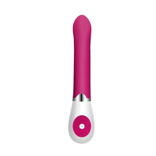 Rosa och vit silikonvibrator med kontrollknappar, med en mjuk böjd design, mot en vit bakgrund.