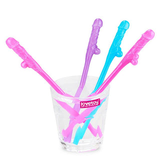 Ett klart glas innehåller Lovetoy Willy Sugrör Plast, färgglada dryckesrörare i rosa, lila och blått. Etiketten säger "lovetoy" med "låt oss spela och ha kul" nedan. Idealisk möhippa tillbehör för att tillföra nyckfullhet till fester mot en vit bakgrund.