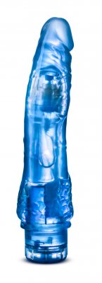 B Yours Vibe 7, en blå, fallisk formad genomskinlig vibrator, visas upprätt mot en vit bakgrund, vilket framhäver dess vattentät-design.