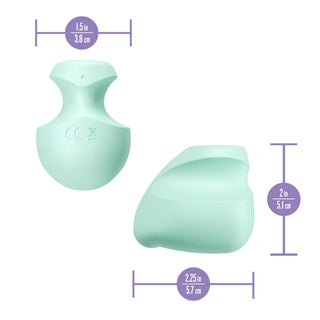 Mintgrön fingervibrator i silikon, kompakt design, visad framifrån/från sidan. Dimensioner: 1,5x2,25x2.