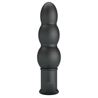 Svart analplugg i silikon med tre steg, tio vibrationslägen och platt bas.