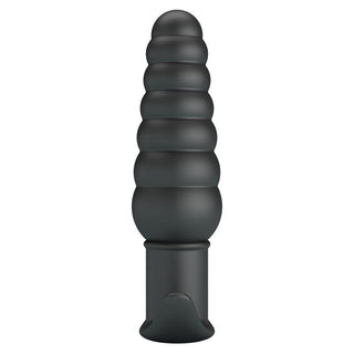 Svart analplugg av mjuk silikon, med ribbad design och tio olika vibrationslägen.