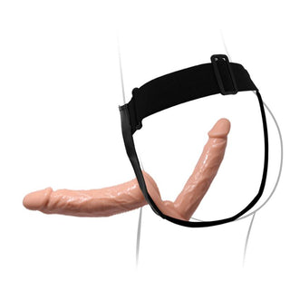 Justerbar svart sele med två köttfärgade silikon-dildos fastsatta, utformade för dubbel penetration.