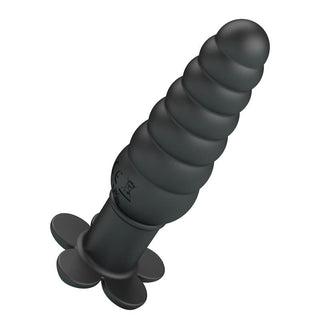Svart analplugg i mjuk silikon med flared bas och 10 vibrationslägen.