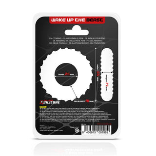 Vår Beast Liquid Silicone Penisring-förpackning, märkt som "Wake Up the Beast", inkluderar en ring med en innerdiameter på 25 mm med en tjocklek på 8 mm och en texturerad utsida. Den har flerspråkig text och en streckkod längst ner.