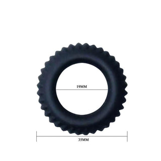 Penisring i svart silikon, rund och strukturerad design, 19 mm innerdiameter, 35 mm ytterdiameter.