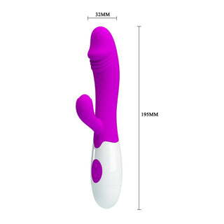 PrettyLove Snappy Purple är en lila och vit kaninvibrator, 195 mm lång och 32 mm bred, med en kontrollknapp på handtaget för enkel G-punktstimulering.