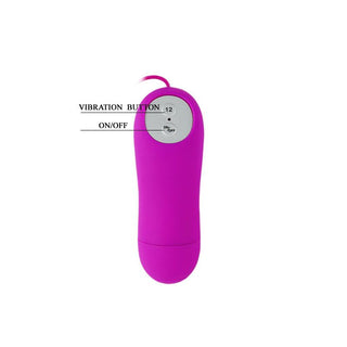 Eunice Vibratorägg är en lila handhållen enhet med en silverfärgad kontrollpanel med vibrations- och ON / OFF-knappar - perfekt för användning som en fjärrstyrd vibrator eller annan diskret sexleksak.