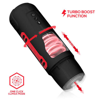 Vi presenterar Pyro Edition av IntoYou Thrusting Masturbator: en röd och svart enhet med en genomskinlig sektion som visar dess lindade mekanism. Med turbofunktion ger den en spännande turboboost-upplevelse som fängslar varje teknisk entusiast.