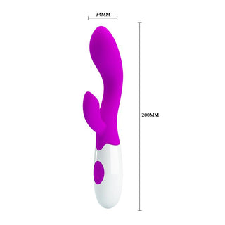 Lila och vit kaninvibrator i silikon, 34 mm x 200 mm, med dubbel stimuleringsdesign, visas på en vit bakgrund.