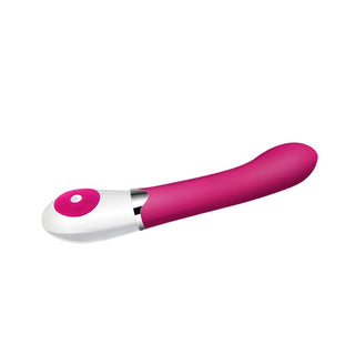 Rosa och vit silikonvibrator med kontrollknappar, visas på en vit bakgrund.