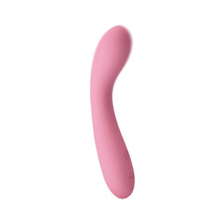 Rosa silikonvibrator med knappkontroller, visas på en vit bakgrund.