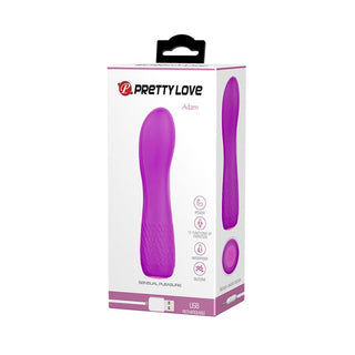 En vit ask med en lila vibrator på framsidan, märkt PrettyLove Adam Vibe, tillverkad av medicinskt silikon och försedd med produktinformation.