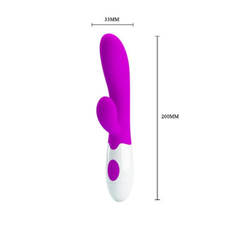 PrettyLove Alvis Dual Vibrator, en lila och vit leksak med en klitorisarm för ökad stimulering av G-punkten, mäter 200 mm i höjd och 33 mm i bredd och visas mot en vit bakgrund.