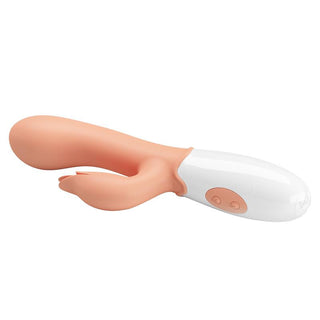 Kaninvibrator i rosa silikon med böjt skaft, extern klitorisstimulator och två kontrollknappar på handtaget.