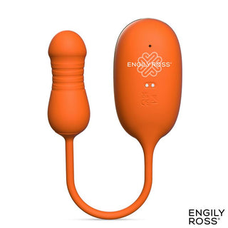Ett orange Engily Ross Lizer Pro vibrerande ägg med fjärrkontroll visas på en vit bakgrund.