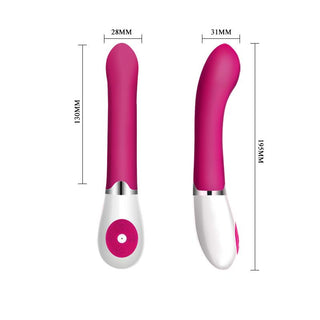 Rosa och vit klassisk silikonvibrator som visas från flera vinklar, vilket framhäver den släta, konturerade designen.