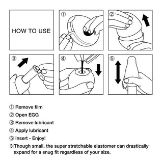 Steg-för-steg-illustrerade instruktioner om hur du använder den töjbara Tenga Egg Sphere, en bekväm nöjesleksak för engångsbruk designad för vuxna.