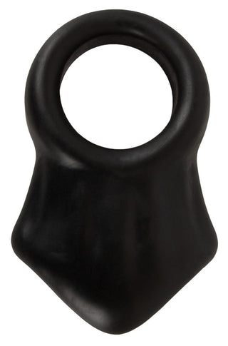Erecto Cock Ring Ball Stretcher är en svart, tjock flytande silikonring med en utsvängd, sköldliknande bas, visad mot en vit bakgrund.