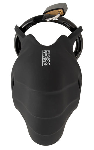 Black Velvets Kyskhetsbur-hjälmen har en elegant matt finish, en framträdande topplogotyp och en futuristisk design med kantiga former. Dess låsbar-system betonar både stil och skydd för bäraren.