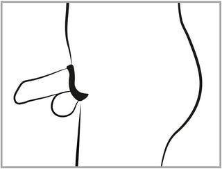 En enkel svart linjeteckning i profil visar manliga könsorgan försedda med Cock Cage med Dilator på underkroppen, mot en vit bakgrund.