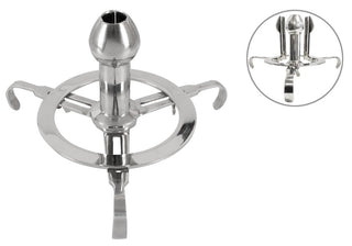 Anal Spreader Deluxe Stål har en metallisk konstruktion med en cirkulär ring och tre böjda blad, som visas i närbild och infälld vy.