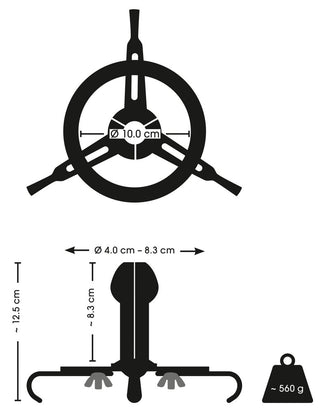 Svart diagram över Anal Spreader Deluxe Stål med måtten: diameter 10 cm, höjd 12,5 cm, vikt 560 g; designen liknar ett analspekulum.
