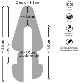 Diagram över 2in1 Buttplug Extension, med mått, ikoner och skötselråd på vit bakgrund, som framhäver dess mångsidiga njutningsmöjligheter.