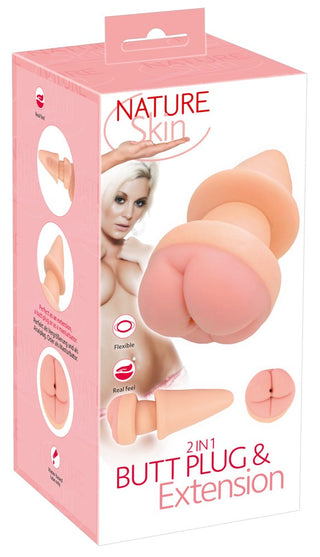 Låda för en 2in1 Buttplug Extension, med produktbilder och en modell på förpackningen.