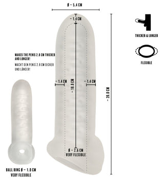 Rebel Penissleeve Med Kulring är en transparent, flexibel sleeve utformad för diskret penisförlängning; har markerade mått och en kulring för extra stöd - tjockare, längre och bekväm att använda.