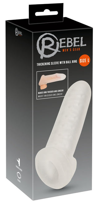En box för Rebel Penissleeve Med Kulring, storlek L, med produktbild och beskrivning.
