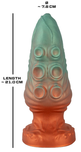 Beasty Cocks Atlantis Buttplug är en tvåfärgad grön och orange flytande silikonplugg med runda bulor, som mäter 21 cm lång och 7,8 cm bred, har en stabil sugkoppsbas och står upprätt.