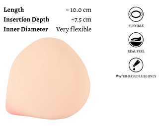 En persikofärgad, rundad Beau Cœur Felyra Peach-masturbator med storleksangivelser.