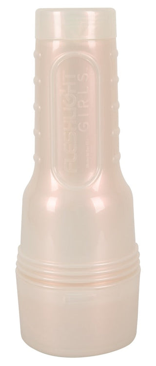 Fleshlight masturbator i ljusrosa silikon med cylindrisk design som står upprätt på en vit bakgrund.