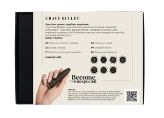 En hand håller en svart Crave Bulletvibrator bredvid produktinformation och ikoner på en beige låda, vilket framhäver dess vattentäta design och USB-uppladdningsfunktion.