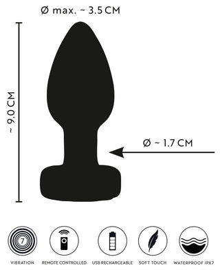 Svart silhuett av LED Buttplug med Vibration med angivna mått, samt ikoner nedanför som markerar dess vibrationsfunktion och LED-belysning.