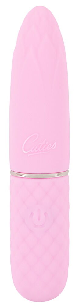 Tystgående Mini Vibrator Cuties är en rosa, texturerad vuxenleksak med en slät topp och Silkeslen Soft Touch-struktur vid basen. Den innehåller en strömknapp och "Cuties" inskrivna i mitten, vilket blandar stil med funktionalitet.