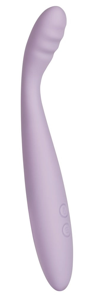 Svakom Cici 2 Vibrator är en lila G-punktsvibrator i silikon med en böjd, räfflad spets och smidigt handtag med två runda kontrollknappar. Den är kompatibel med SVAKOM-appen för personligt nöje.