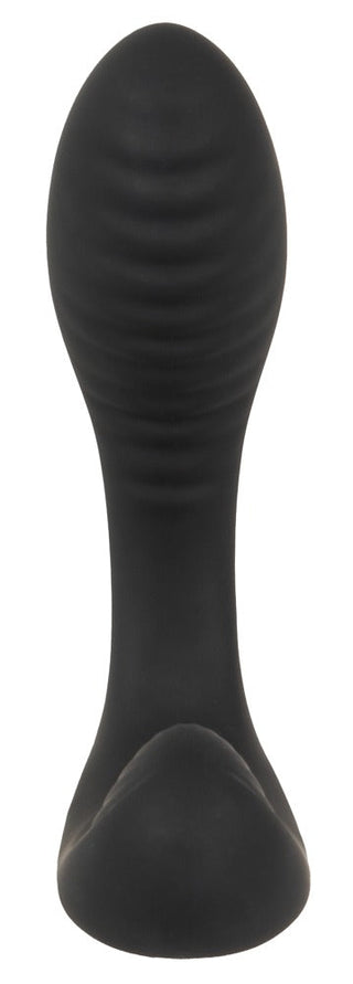 Intense Prostata Vibrator RC, en svart silikonprostataplugg med räfflad textur och utsvängd bas, visas mot en vit bakgrund.