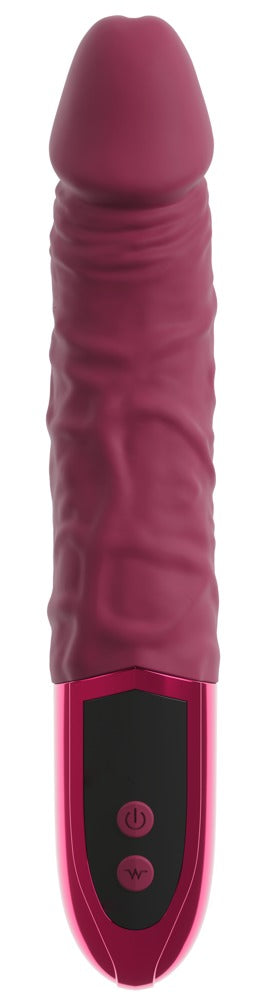 Rosa silikonvibrator med realistisk design, svart kontrollpanel och två knappar vid basen.