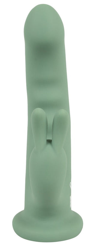 LUVIO Soft Rotating Rabbitvibrator är en grön silikonvibrator med fallisk form och en bedårande kaninformad basförlängning.