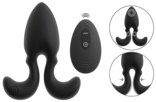 Buttplug med Flexibla Armar har böjda, flexibla armar och en trådlös fjärrkontroll. Denna svarta RC buttplug visas med funktionsdetaljer och ger kraftfull anal stimulering för ökad njutning.