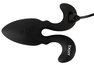 Buttplug med Flexibla Armar är en svart, silikon vibrerande analplugg med böjbara handtag och fjärrstyrd kontroll, märkt med certifieringssymboler. Upplev kraftfulla vibrationer för njutningsfull analstimulans.